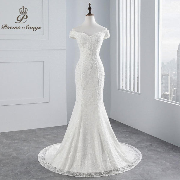 PoemsSongs real photo 2019 new style boat neck beautiful lace wedding dress for wedding Vestido de noiva Mermaid wedding dress