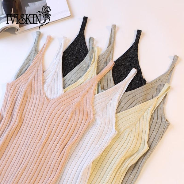 Gold Thread Crop Tops Women 2018 Knitted Tank Tops Sexy Top Vest Summer Camisole Women White Tank Top Fitness Femme Tshirt