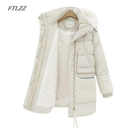 FTLZZ 2019 Winter Women's Jackets Cotton Coat Padded Long Slim Hooded Parkas Female Plus Size Warm Wool Jacket Outwear Clothing