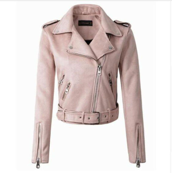 New Arrial Women Autumn Winter Suede Faux Leather Jackets Lady Fashion Matte Motorcycle Coat Biker Gray Pink Beige Outwear