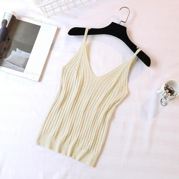 Gold Thread Crop Tops Women 2018 Knitted Tank Tops Sexy Top Vest Summer Camisole Women White Tank Top Fitness Femme Tshirt