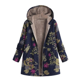 Floral Print Coats Hooded Plus Size Camel Warm 2019 Women Winter Casual Loose Zipper Pockets Coats Ladies Oversize Vintage 5.23