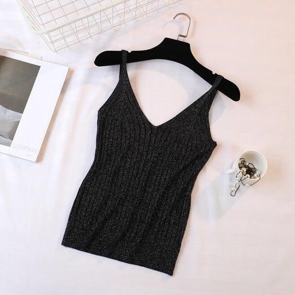 Gold Thread Crop Tops Women 2018 Knitted Tank Tops Sexy Top Vest Summer Camisole Women White Tank Top Fitness Femme Tshirt