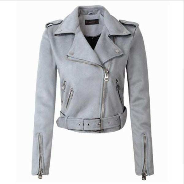 New Arrial Women Autumn Winter Suede Faux Leather Jackets Lady Fashion Matte Motorcycle Coat Biker Gray Pink Beige Outwear