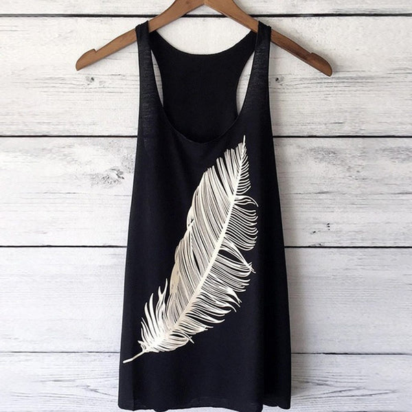 6 colors Tank Tops Women's Summer Feather Print Long Vest Fashion Top Comfortable Hot Sales Clothes