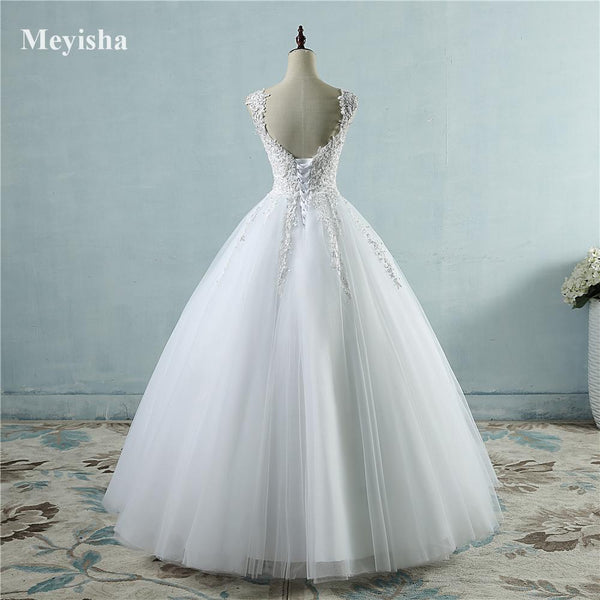 ZJ9076 Ball Gowns Spaghetti Straps White Ivory Tulle Wedding Dresses 2019 with Pearls Bridal Dress Marriage Customer Made Size