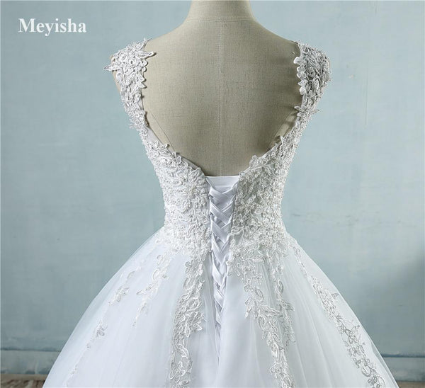 ZJ9076 Ball Gowns Spaghetti Straps White Ivory Tulle Wedding Dresses 2019 with Pearls Bridal Dress Marriage Customer Made Size