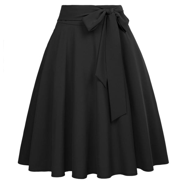 Women Solid Color High Waist skirts Self-Tie Bow-Knot Embellished big swing keen length elegant retro A-Line Skirt faldas mujer
