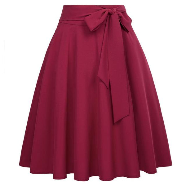 Women Solid Color High Waist skirts Self-Tie Bow-Knot Embellished big swing keen length elegant retro A-Line Skirt faldas mujer