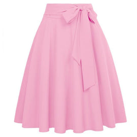 Women Solid Color High Waist skirts Self-Tie Bow-Knot Embellished big swing keen length elegant retro A-Line Skirt faldas mujer