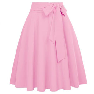 Women Solid Color High Waist skirts Self-Tie Bow-Knot Embellished big swing keen length elegant retro A-Line Skirt faldas mujer