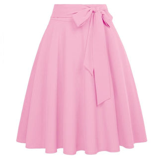 Women Solid Color High Waist skirts Self-Tie Bow-Knot Embellished big swing keen length elegant retro A-Line Skirt faldas mujer