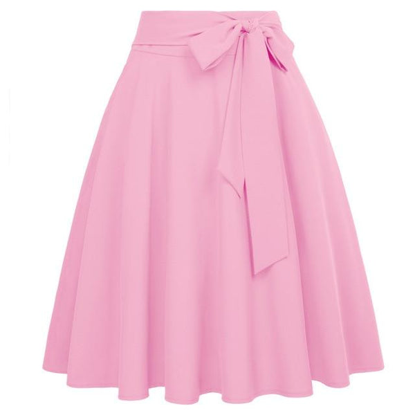 Women Solid Color High Waist skirts Self-Tie Bow-Knot Embellished big swing keen length elegant retro A-Line Skirt faldas mujer