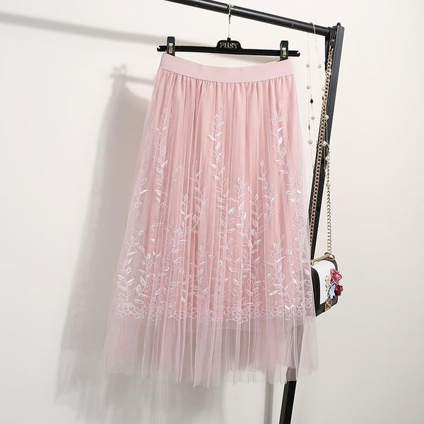 NORMOV Female Midi Skirt Summer 2019 Embroidery A-line Tutu Lace Mesh Skirts Womens Elegant Tulle Long Casual Pleated Skirts