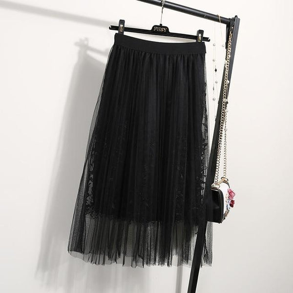 NORMOV Female Midi Skirt Summer 2019 Embroidery A-line Tutu Lace Mesh Skirts Womens Elegant Tulle Long Casual Pleated Skirts