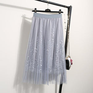 NORMOV Female Midi Skirt Summer 2019 Embroidery A-line Tutu Lace Mesh Skirts Womens Elegant Tulle Long Casual Pleated Skirts