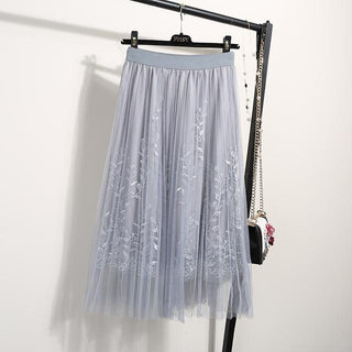 NORMOV Female Midi Skirt Summer 2019 Embroidery A-line Tutu Lace Mesh Skirts Womens Elegant Tulle Long Casual Pleated Skirts