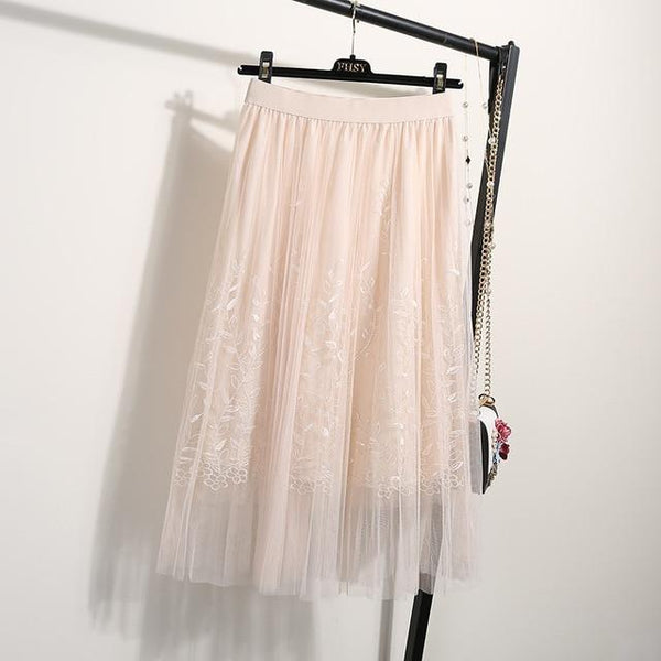 NORMOV Female Midi Skirt Summer 2019 Embroidery A-line Tutu Lace Mesh Skirts Womens Elegant Tulle Long Casual Pleated Skirts